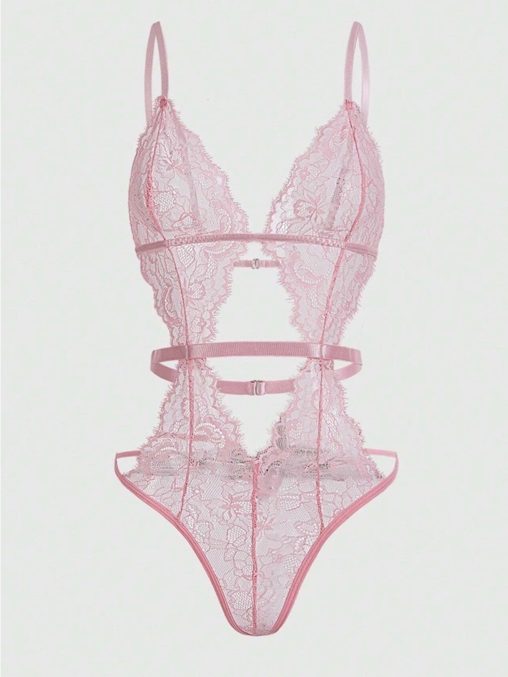 ROMWE Pink Eyelash LACE Bodysuit Goth Cut-Out Strappy Lingerie L NEW NWT